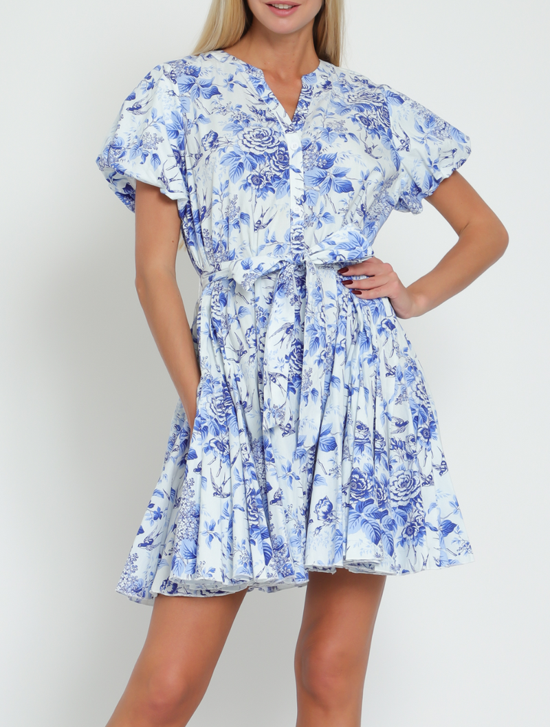 Short Bubble Sleeve Belted Button Down Mini Dress