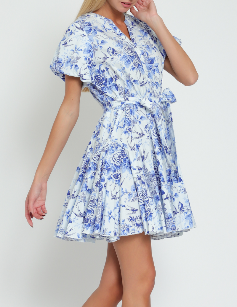Short Bubble Sleeve Belted Button Down Mini Dress