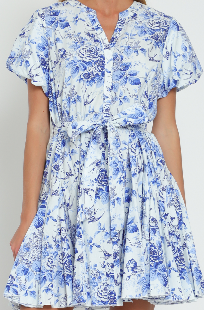 Short Bubble Sleeve Belted Button Down Mini Dress