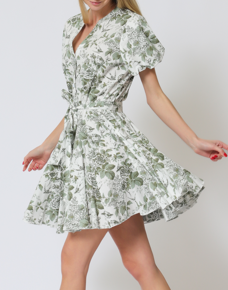 Short Bubble Sleeve Belted Button Down Mini Dress