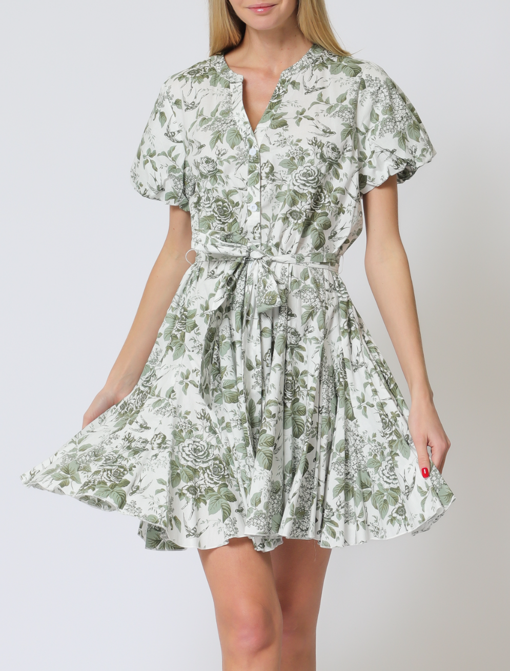 Short Bubble Sleeve Belted Button Down Mini Dress