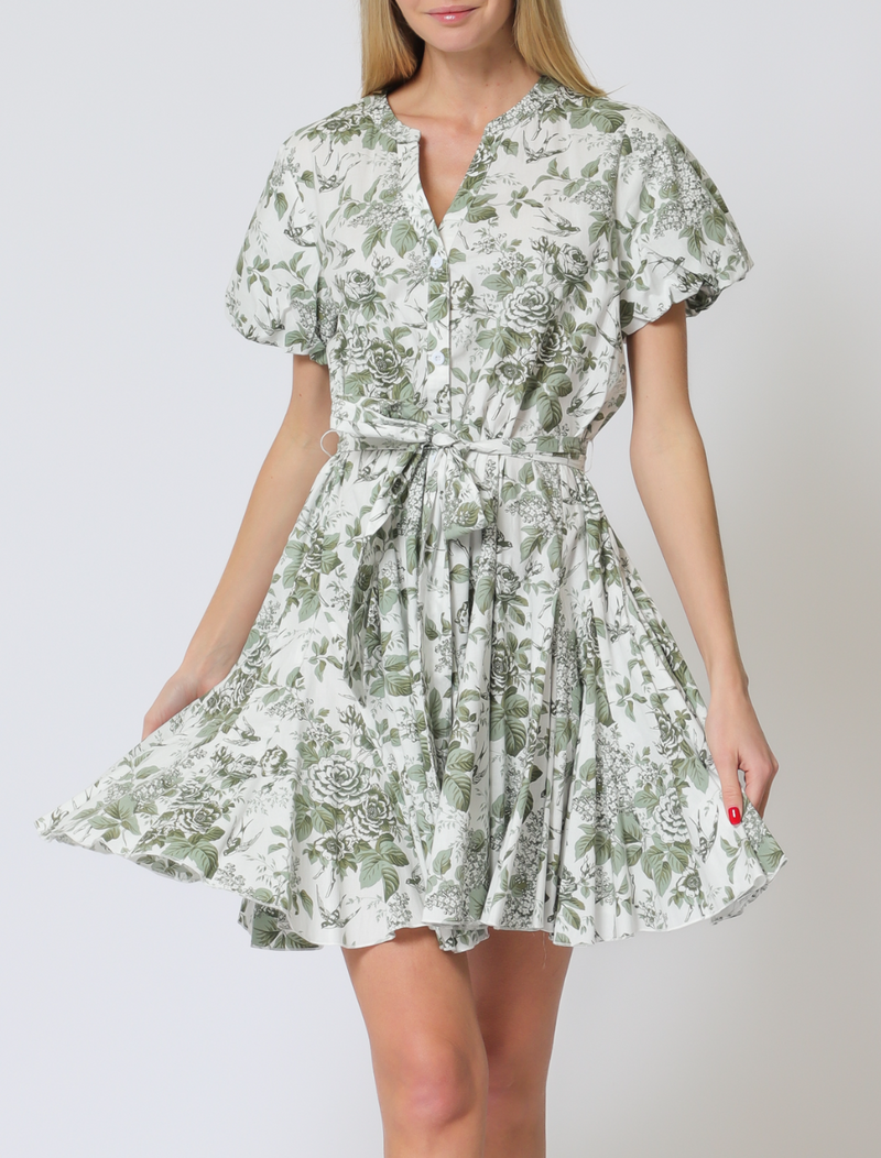 Short Bubble Sleeve Belted Button Down Mini Dress
