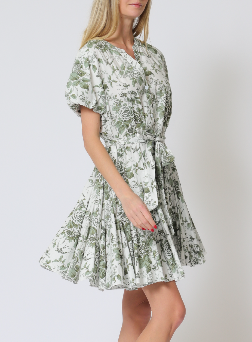 Short Bubble Sleeve Belted Button Down Mini Dress