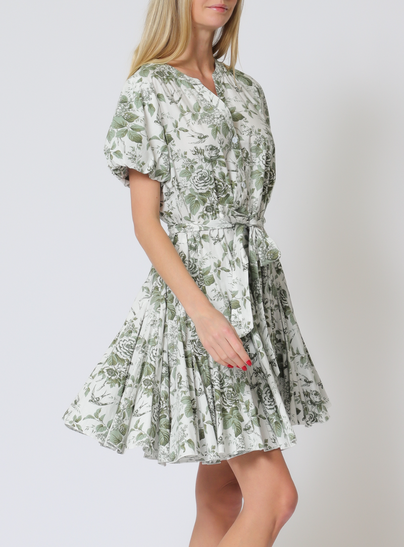 Short Bubble Sleeve Belted Button Down Mini Dress