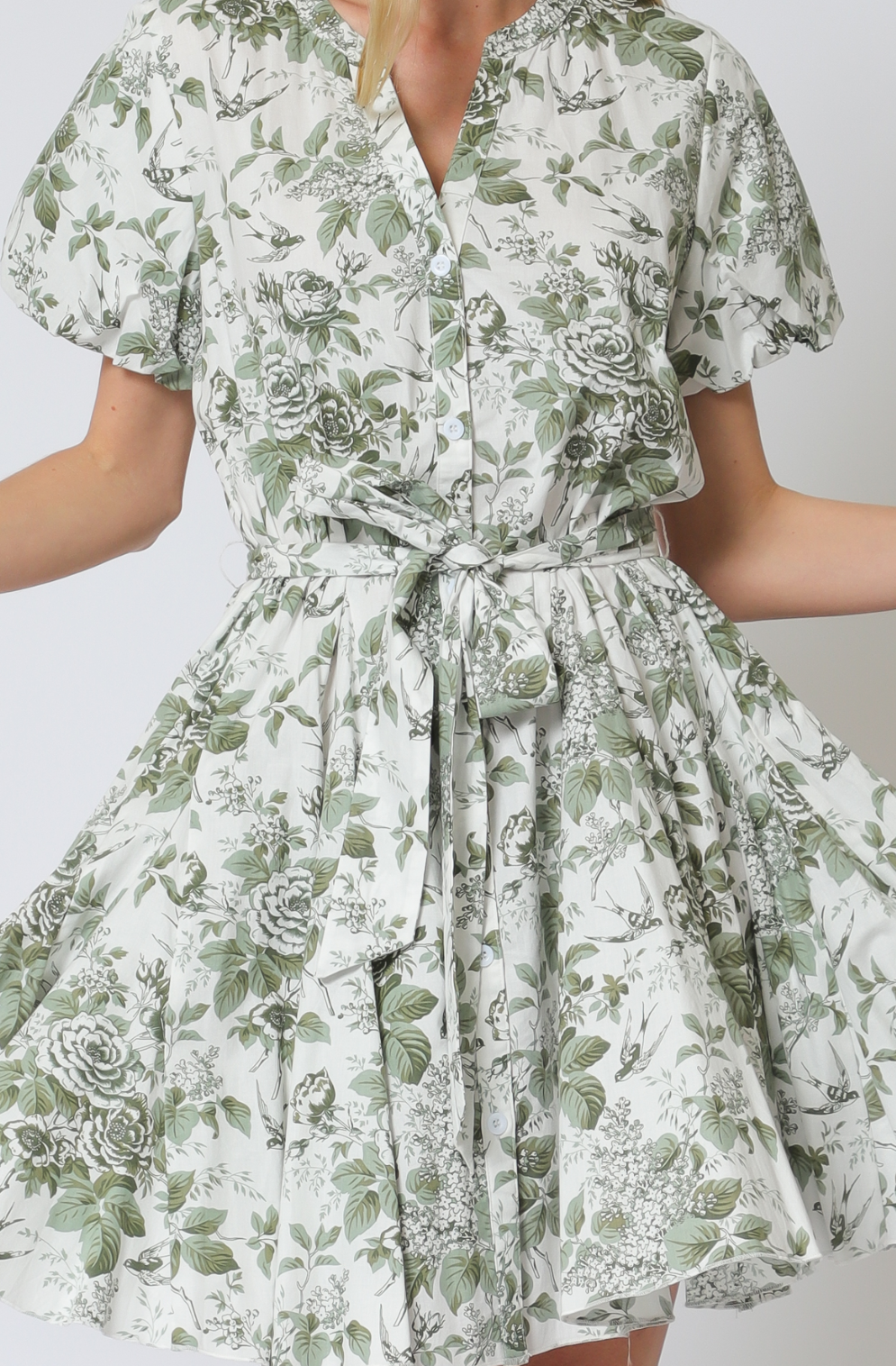 Short Bubble Sleeve Belted Button Down Mini Dress