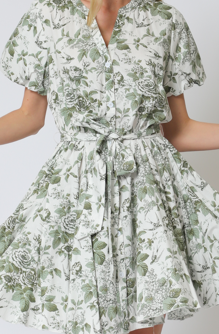 Short Bubble Sleeve Belted Button Down Mini Dress