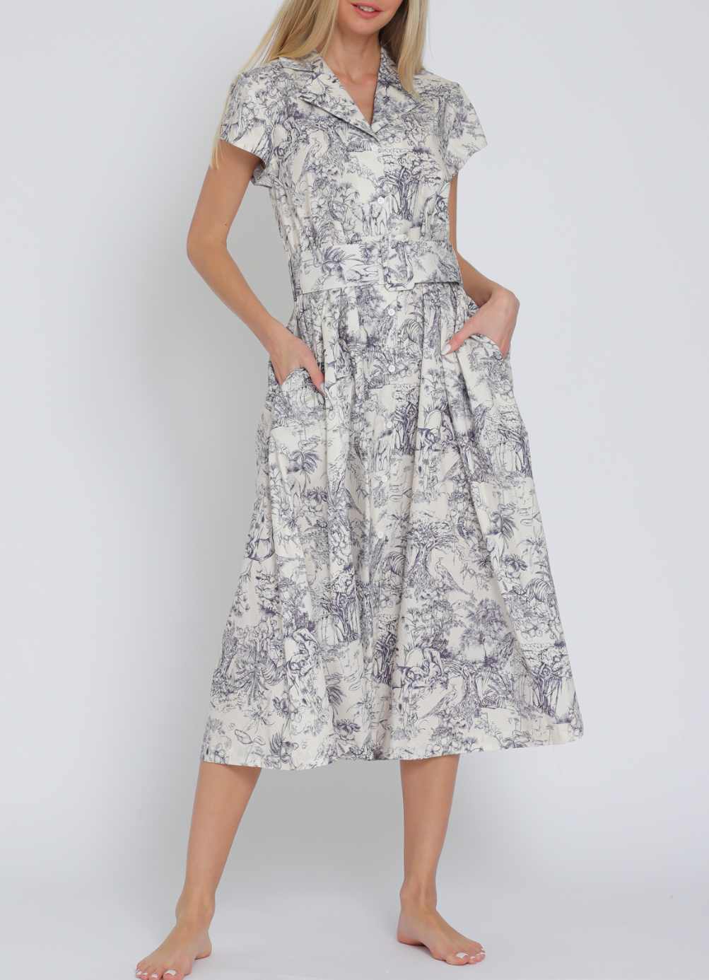 Short Sleeve Button Down Belted Midi Dress