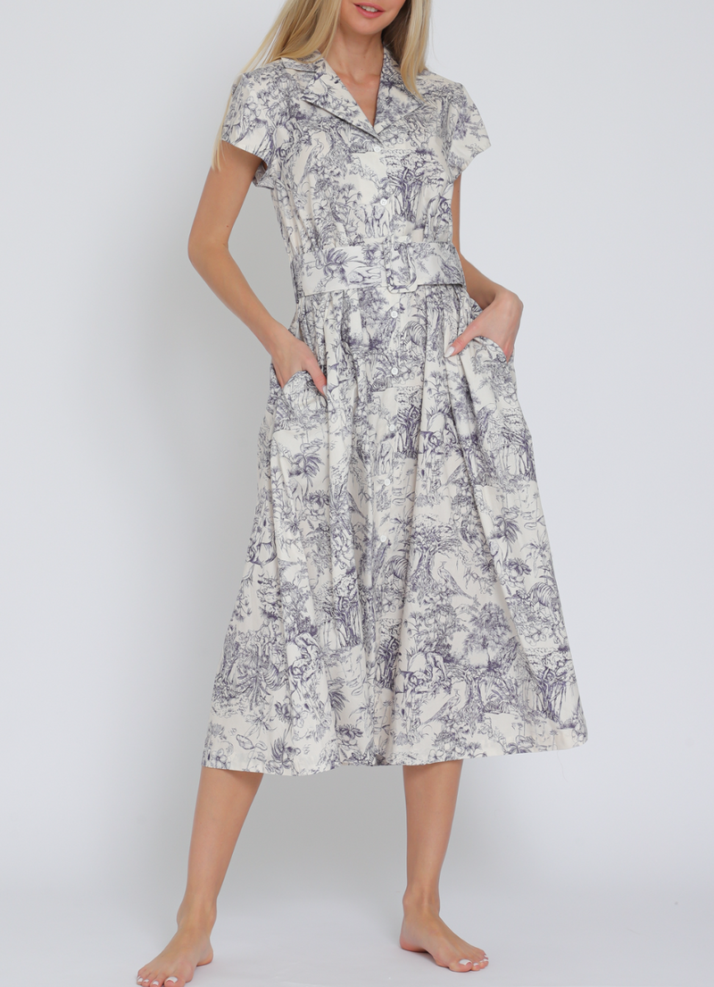 Short Sleeve Button Down Belted Midi Dress