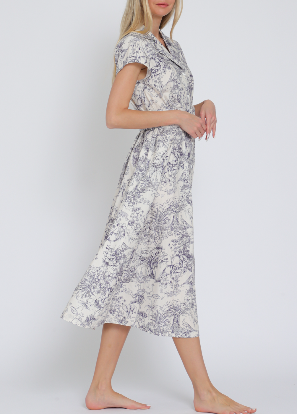 Short Sleeve Button Down Belted Midi Dress