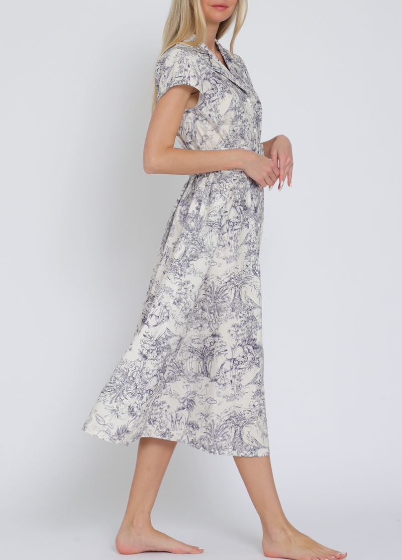 Short Sleeve Button Down Belted Midi Dress