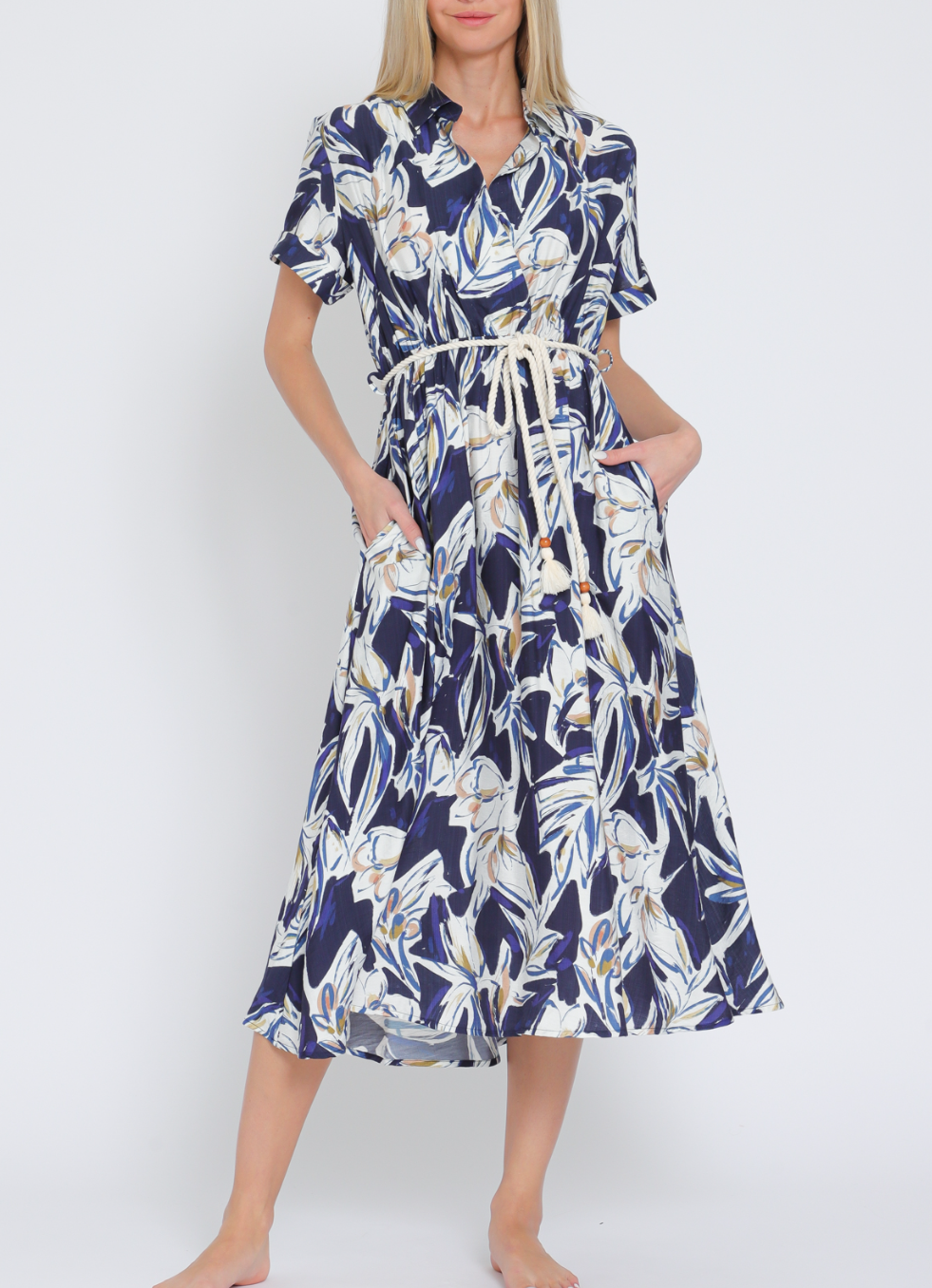 Short Sleeve Roped Belted Midi Dress