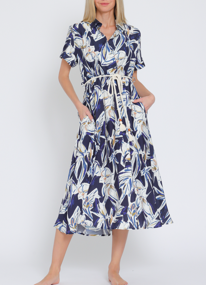 Short Sleeve Roped Belted Midi Dress