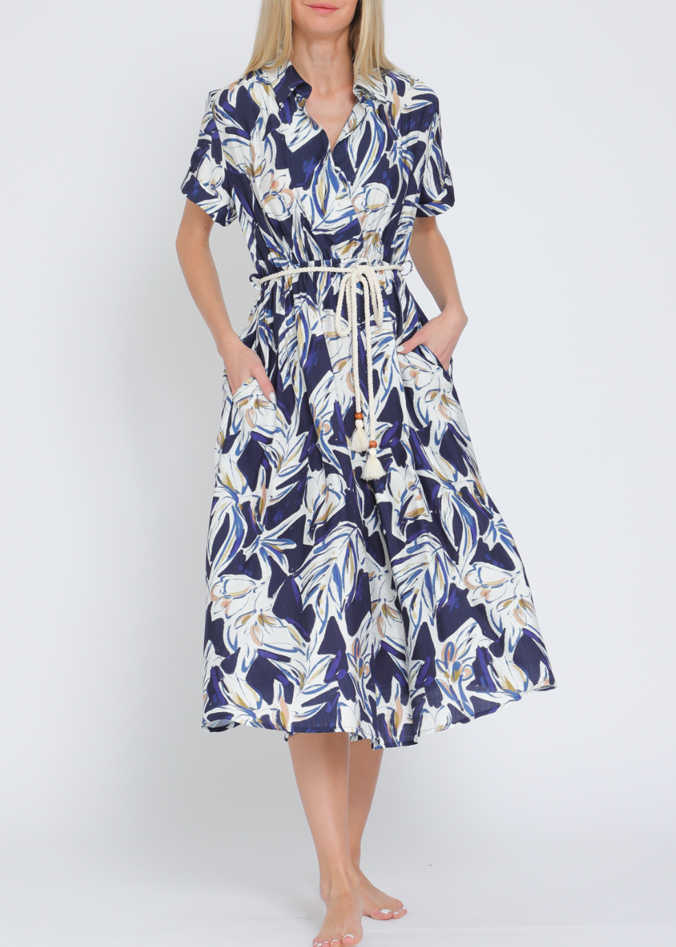 Short Sleeve Roped Belted Midi Dress