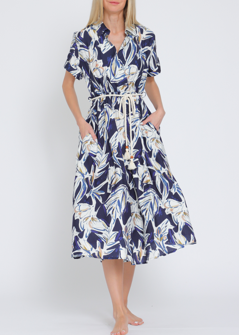 Short Sleeve Roped Belted Midi Dress