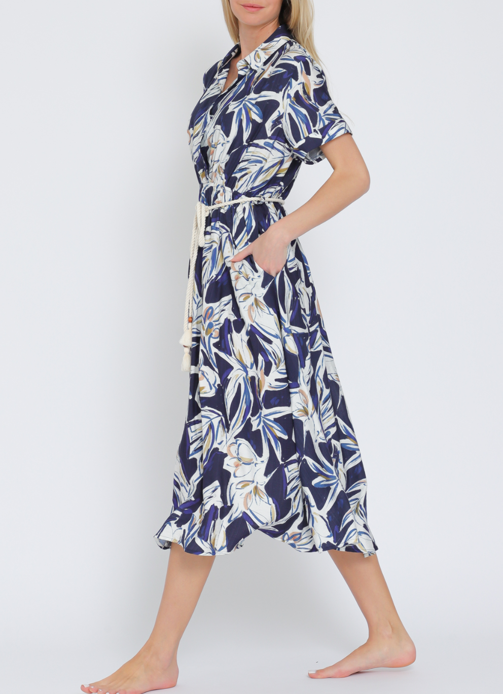 Short Sleeve Roped Belted Midi Dress