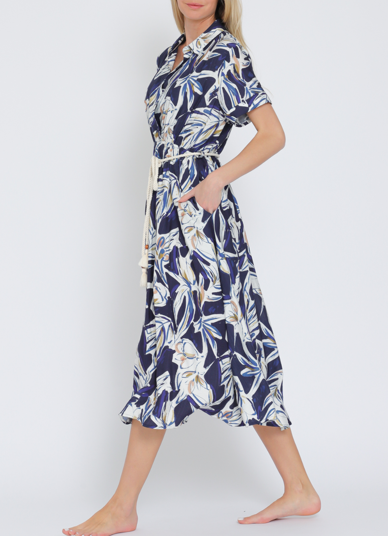 Short Sleeve Roped Belted Midi Dress