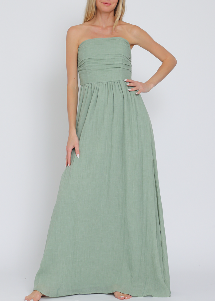 Tube Smocked Tie Back Waisted Midi Dress