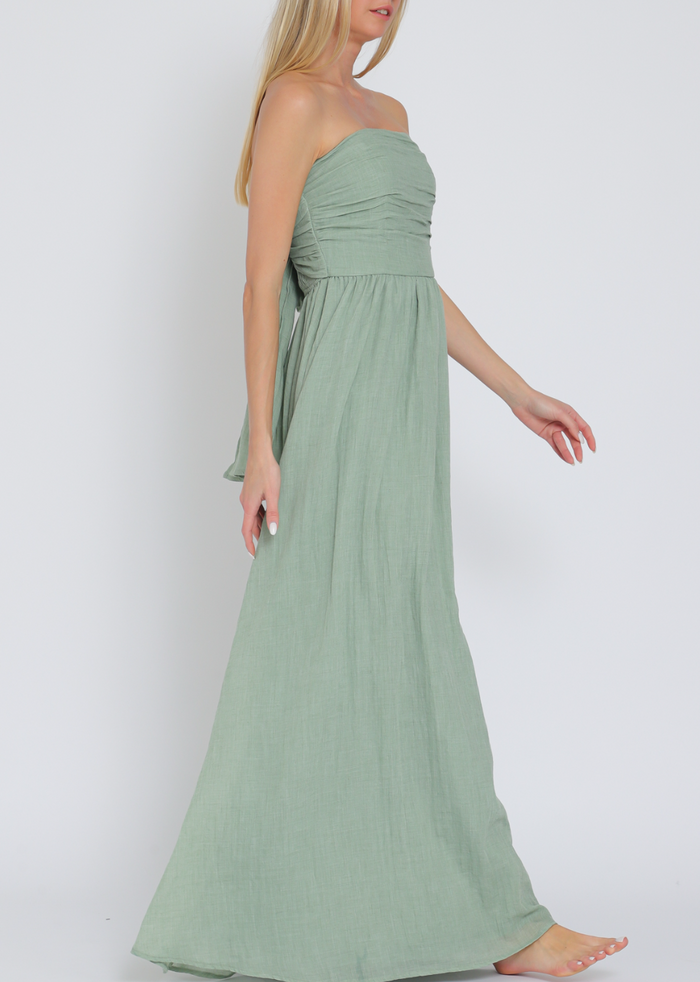 Tube Smocked Tie Back Waisted Midi Dress