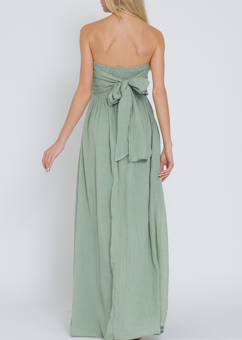 Tube Smocked Tie Back Waisted Midi Dress
