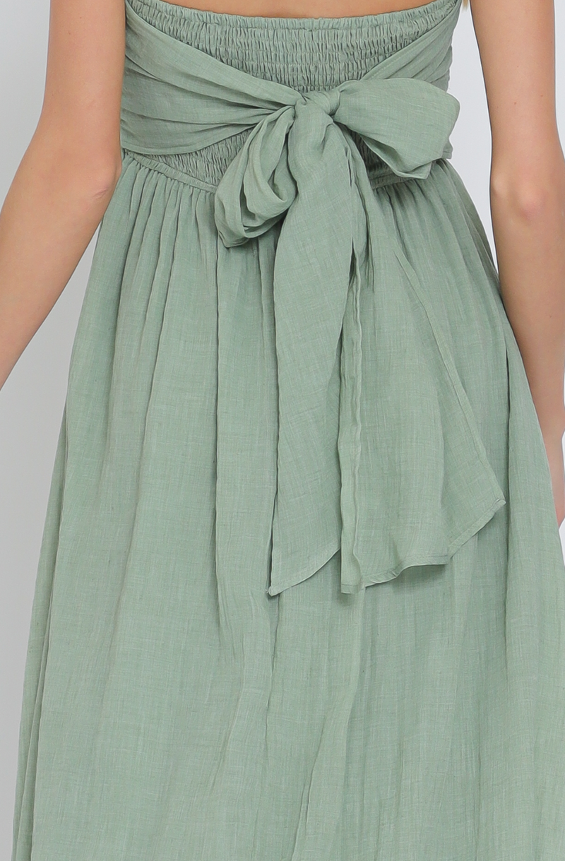 Tube Smocked Tie Back Waisted Midi Dress