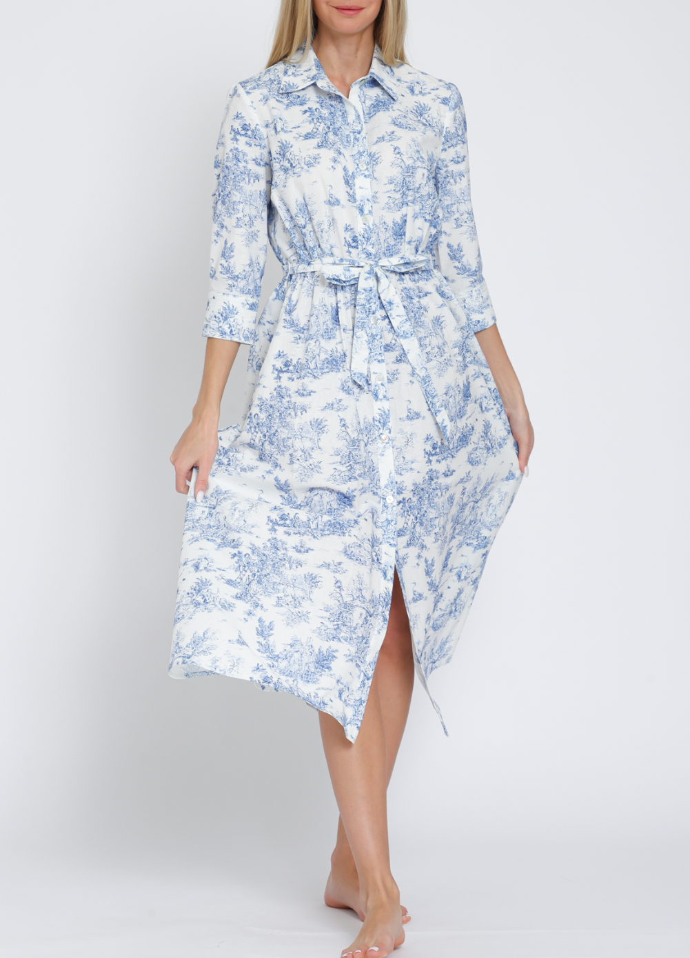 Button-Down 3/4 Sleeve Belted Midi Dress