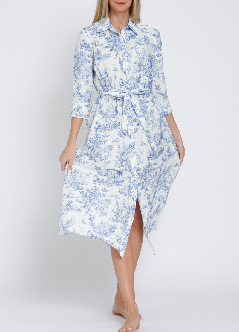 Button-Down 3/4 Sleeve Belted Midi Dress