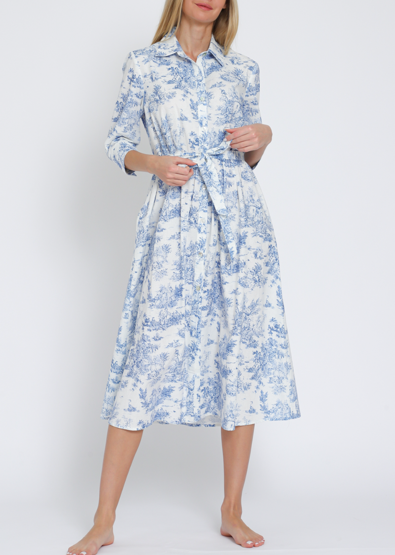 Button-Down 3/4 Sleeve Belted Midi Dress
