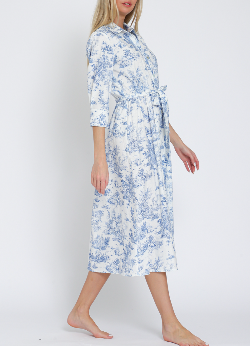 Button-Down 3/4 Sleeve Belted Midi Dress