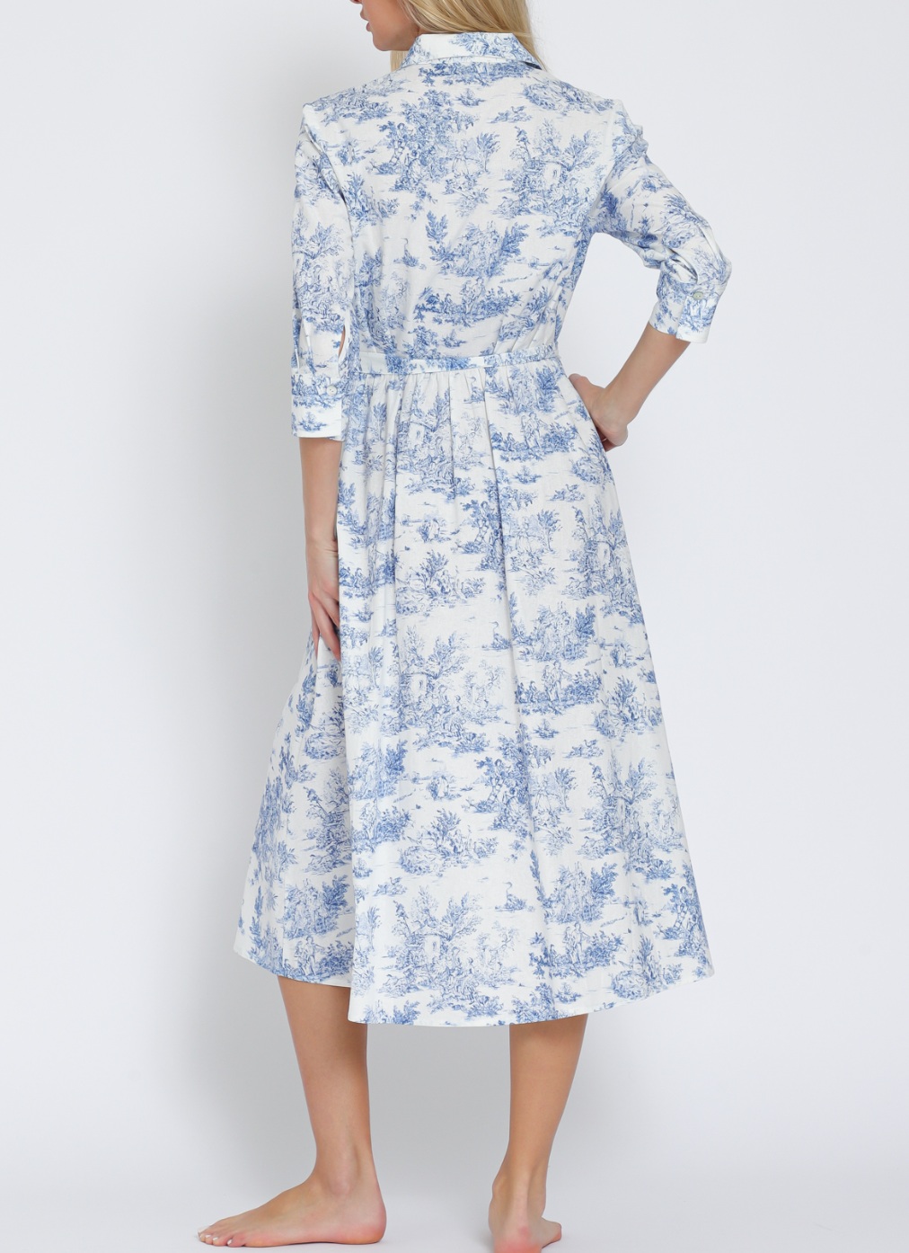 Button-Down 3/4 Sleeve Belted Midi Dress
