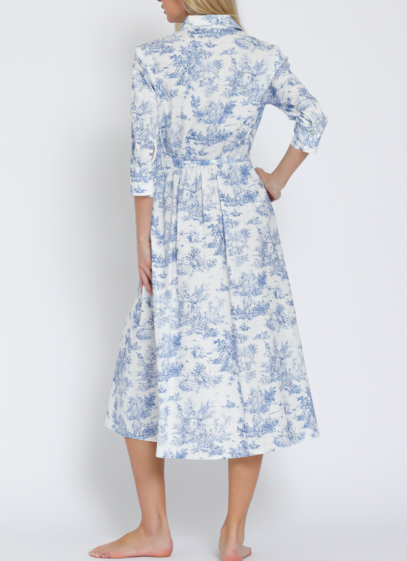 Button-Down 3/4 Sleeve Belted Midi Dress