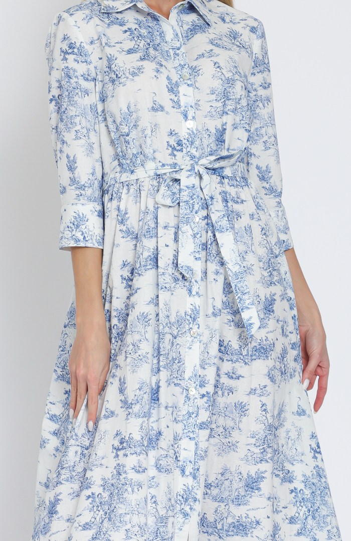 Button-Down 3/4 Sleeve Belted Midi Dress