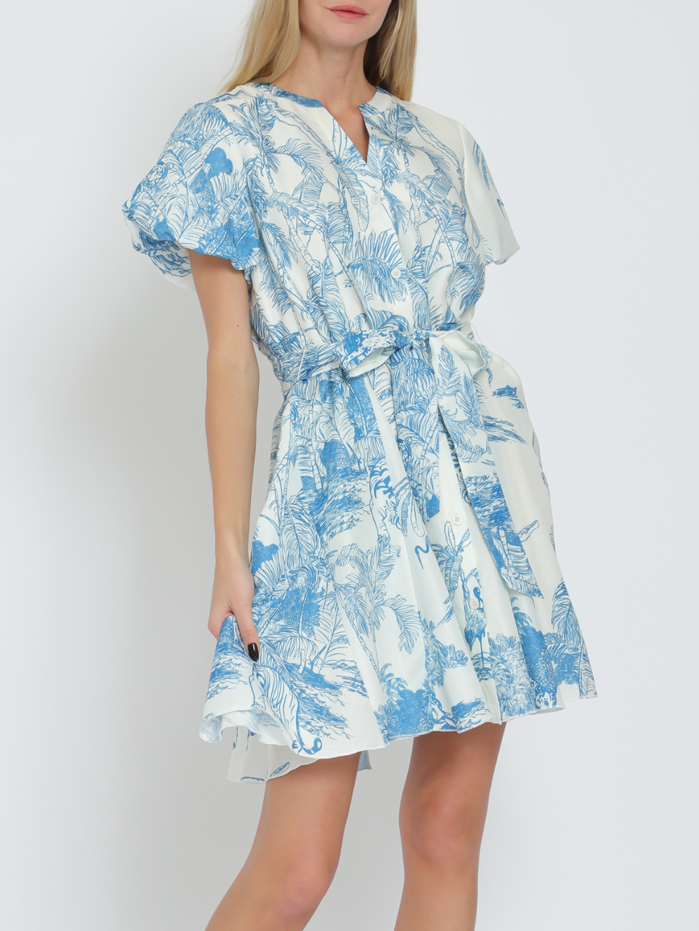 Bubble Short Sleeve Button Down Belted Mini Dress