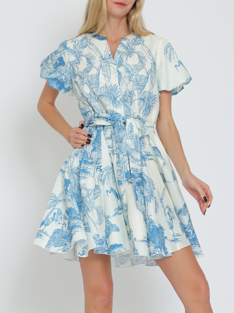 Bubble Short Sleeve Button Down Belted Mini Dress