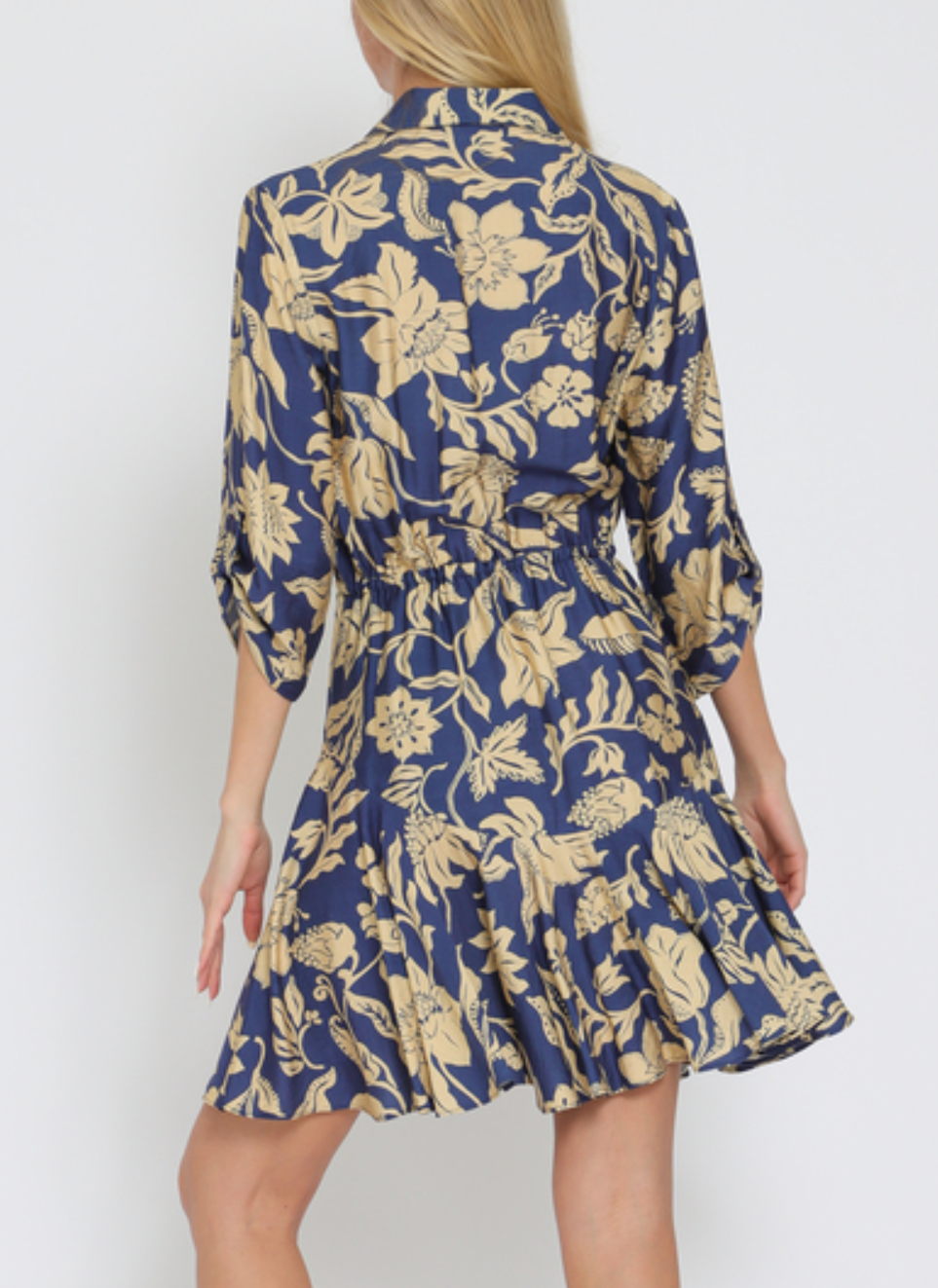 3/4 Roll-Up Sleeve Button-Down Tie Golden Floral Mini Dress
