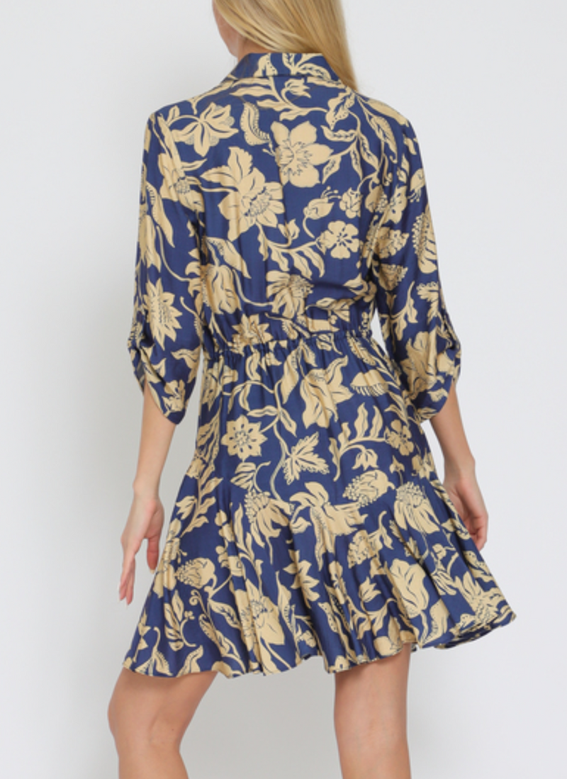 3/4 Roll-Up Sleeve Button-Down Tie Golden Floral Mini Dress