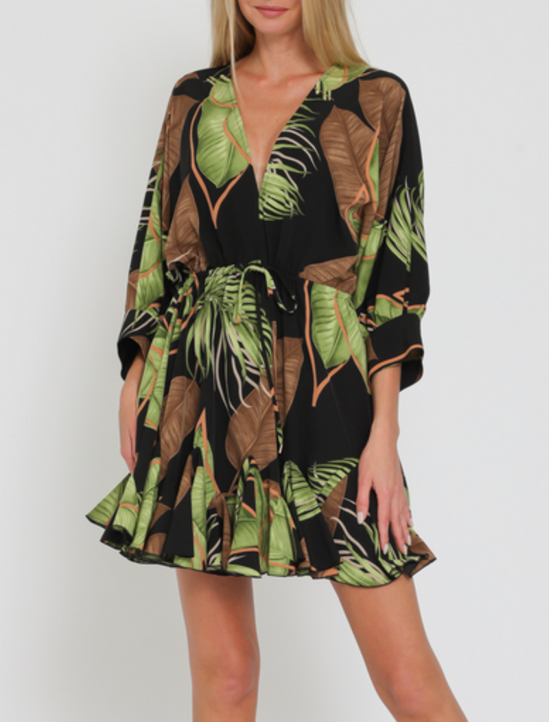 3/4 Dolman Sleeve Tie Front Waisted Mini Dress