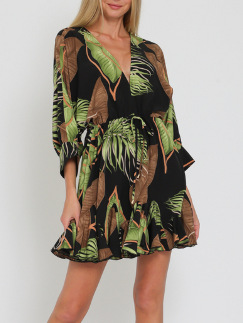 3/4 Dolman Sleeve Tie Front Waisted Mini Dress