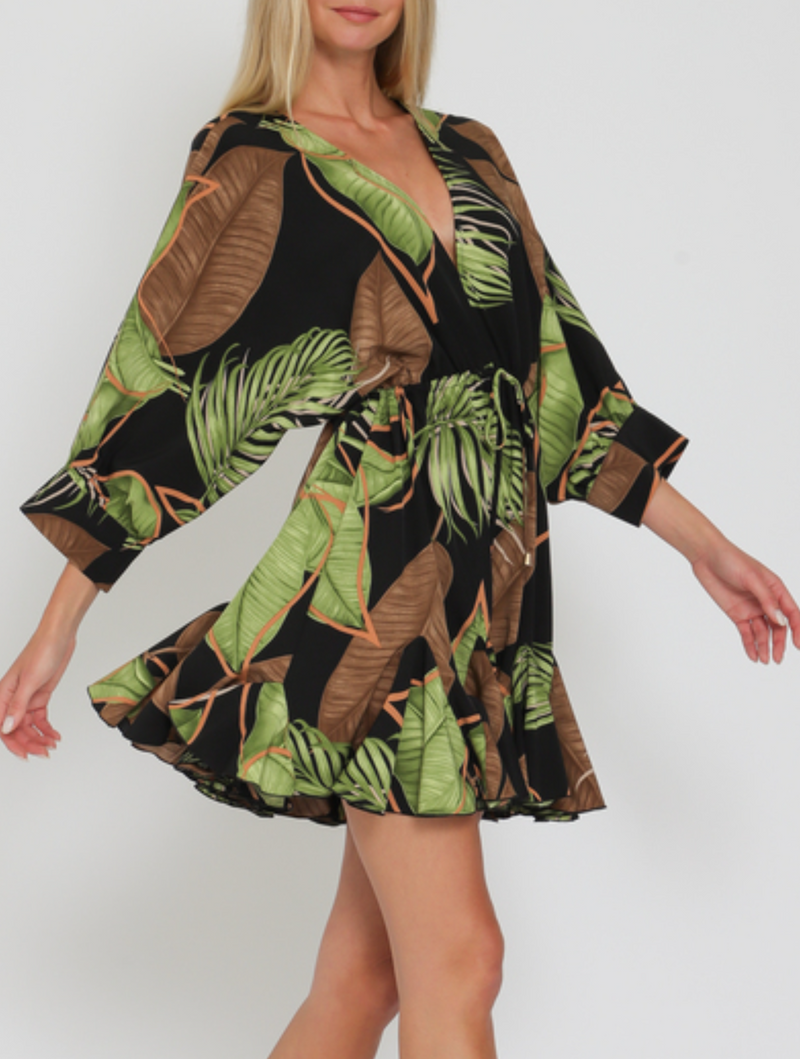 3/4 Dolman Sleeve Tie Front Waisted Mini Dress