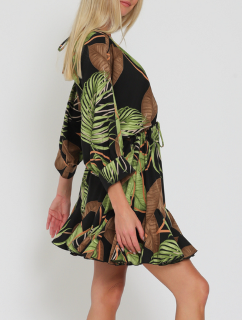 3/4 Dolman Sleeve Tie Front Waisted Mini Dress