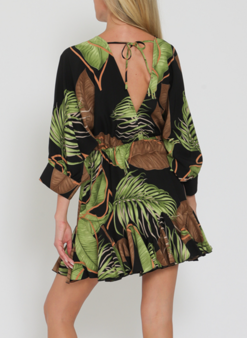 3/4 Dolman Sleeve Tie Front Waisted Mini Dress