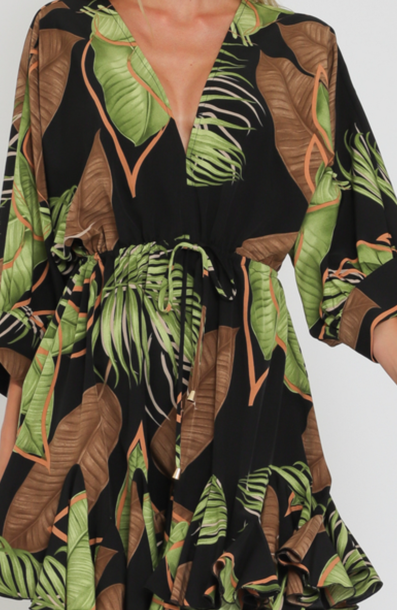 3/4 Dolman Sleeve Tie Front Waisted Mini Dress