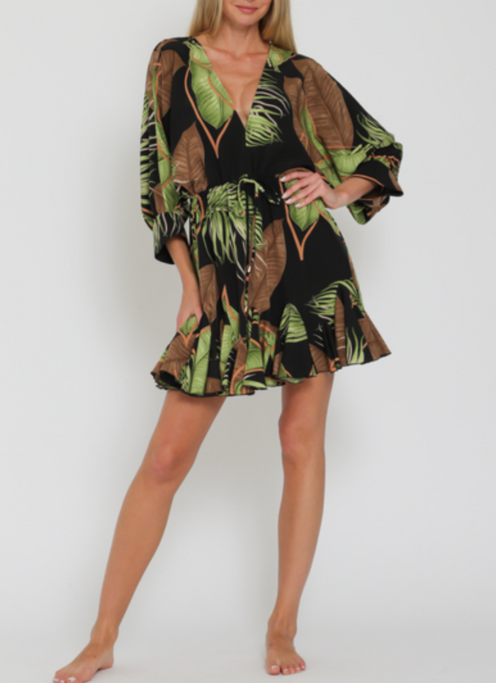 3/4 Dolman Sleeve Tie Front Waisted Mini Dress