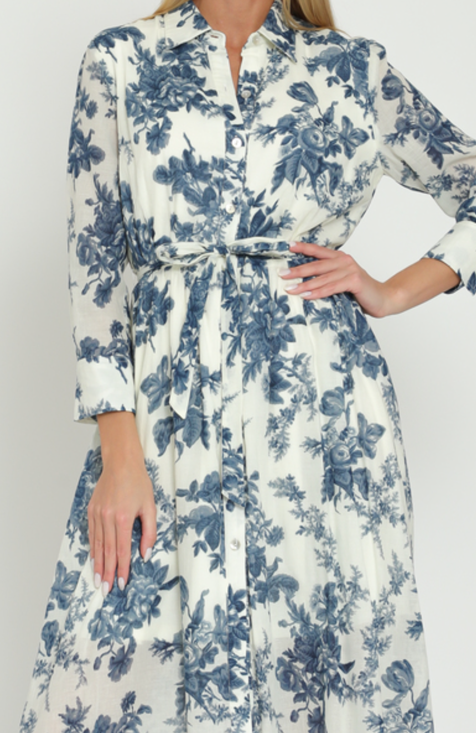 Long Sleeve Belted Button-Down Floral Midi Dress