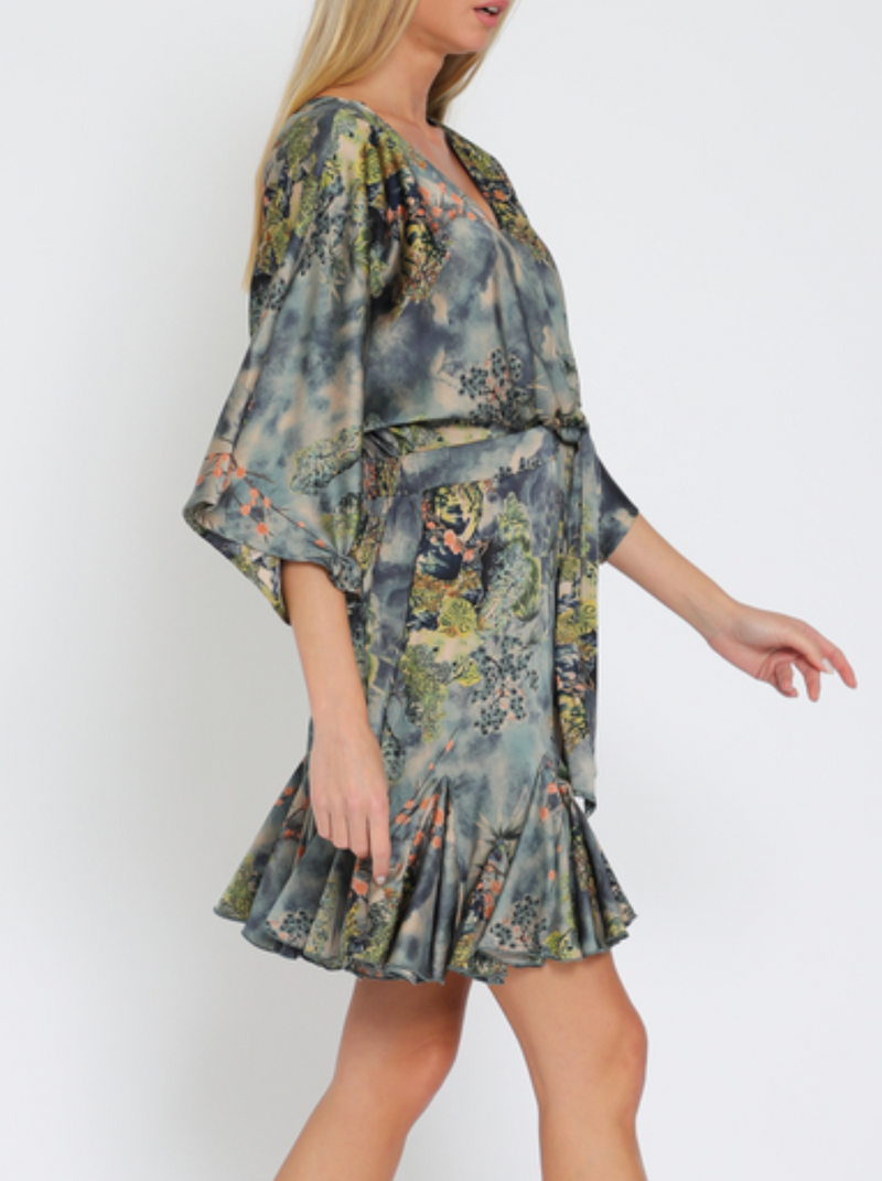 Kimono Sleeve Elastic Back Waisted Mini Dress