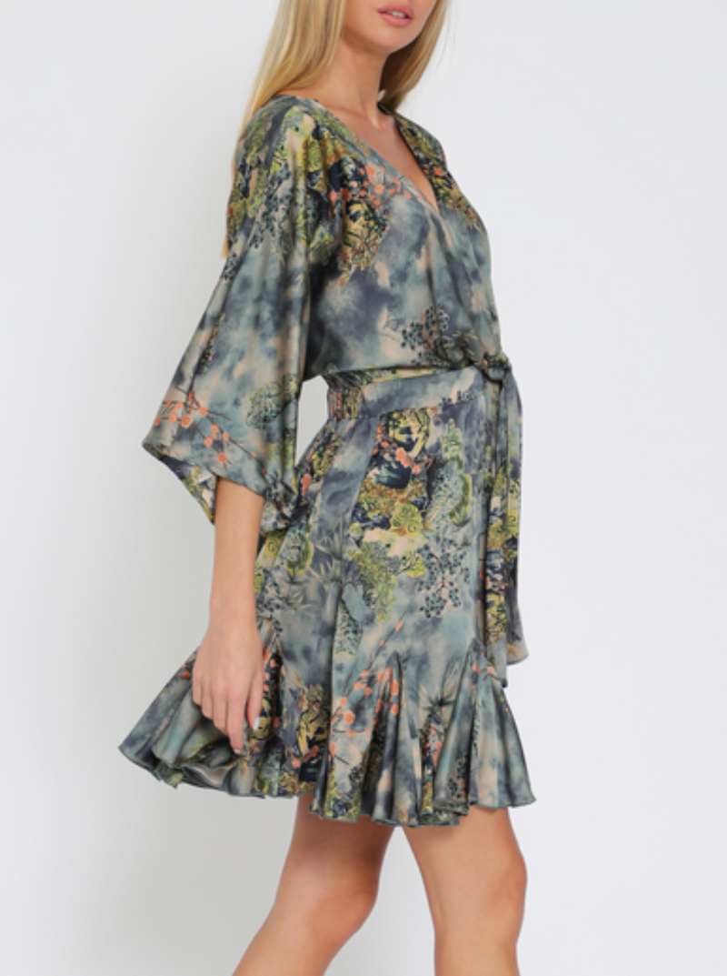 Kimono Sleeve Elastic Back Waisted Mini Dress