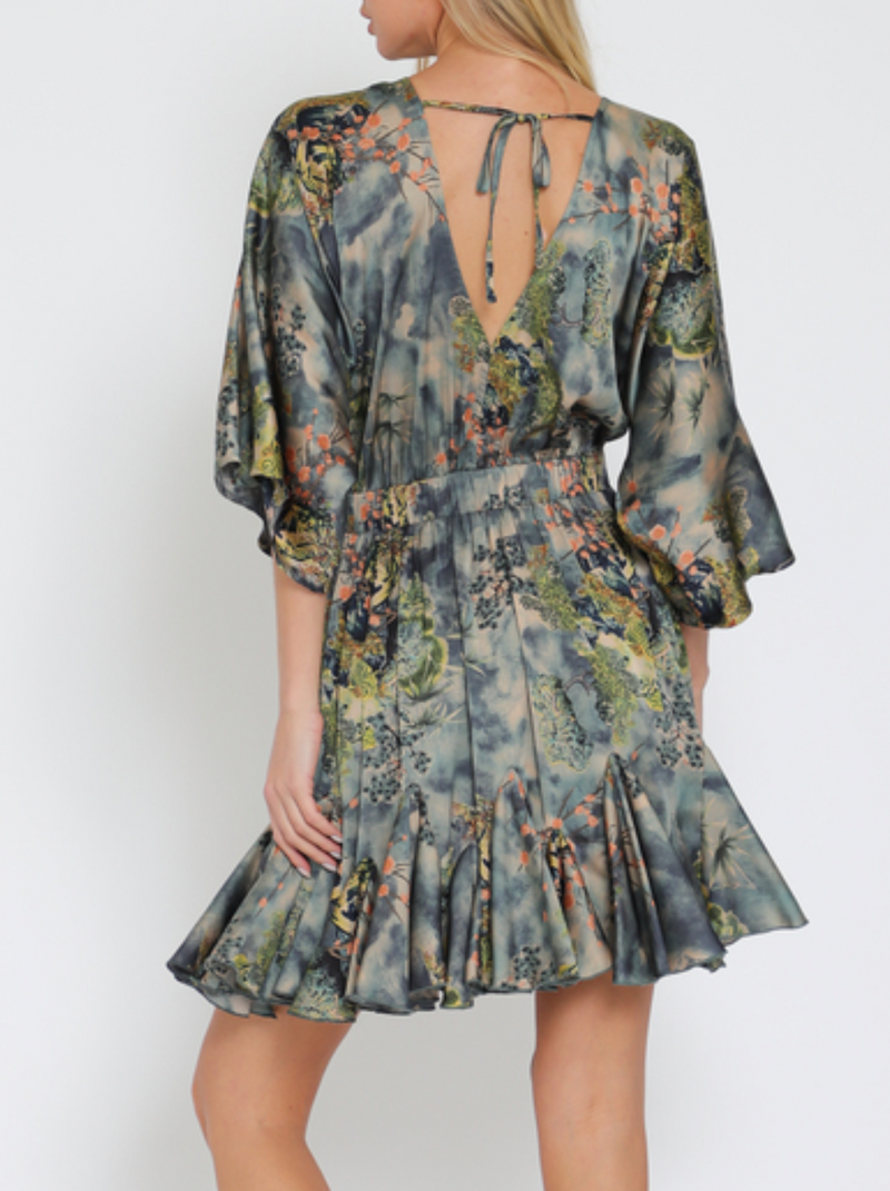 Kimono Sleeve Elastic Back Waisted Mini Dress