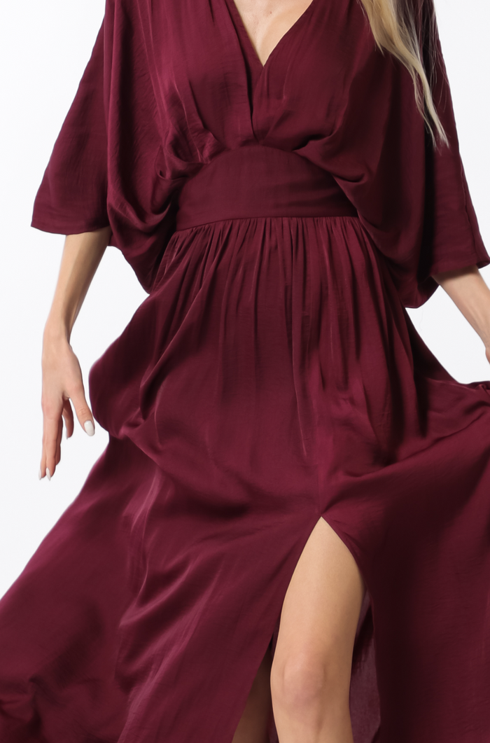 Kimono Sleeve Elastic Back Waisted Maxi Dress Small / Burgundy