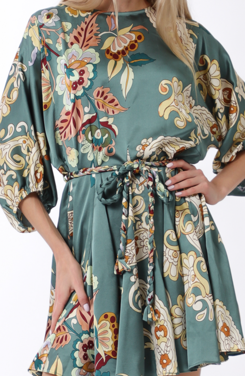 3/4 Dolman Sleeve Braid Belted Floral Print Mini Dress