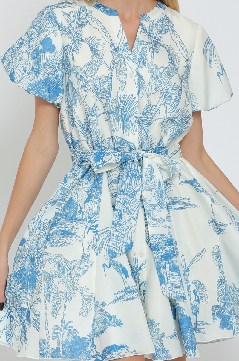 Bubble Short Sleeve Button Down Belted Mini Dress