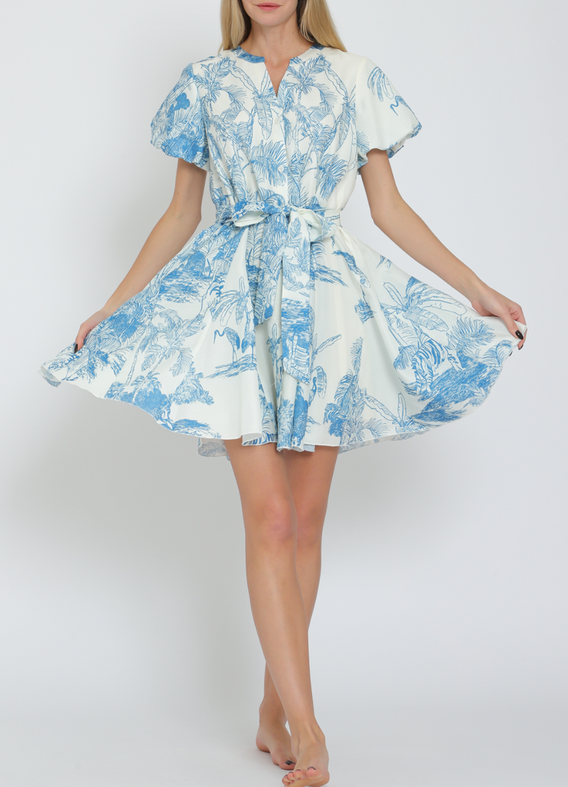 Bubble Short Sleeve Button Down Belted Mini Dress